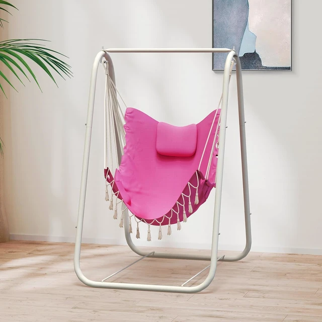 Alt view image 2 of 7 - Heavy Duty Hammock Chair with A-Frame Stand, Rustproof Powder Coated Swing Stand with Square Support Base, Ergonomic Hanging Chair with Pillow and Side Pocket for Indoor Outdoor Patio Yard Porch, Pink