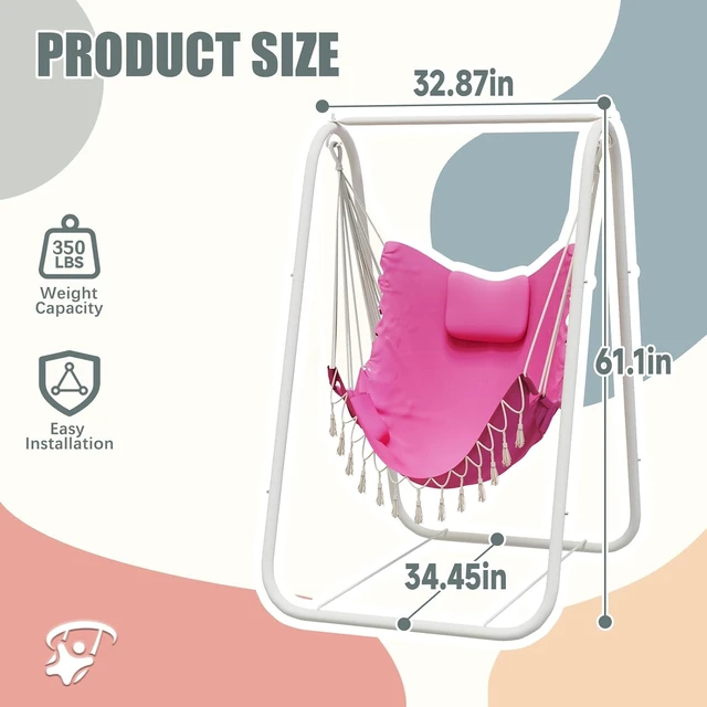 Alt view image 7 of 7 - Heavy Duty Hammock Chair with A-Frame Stand, Rustproof Powder Coated Swing Stand with Square Support Base, Ergonomic Hanging Chair with Pillow and Side Pocket for Indoor Outdoor Patio Yard Porch, Pink