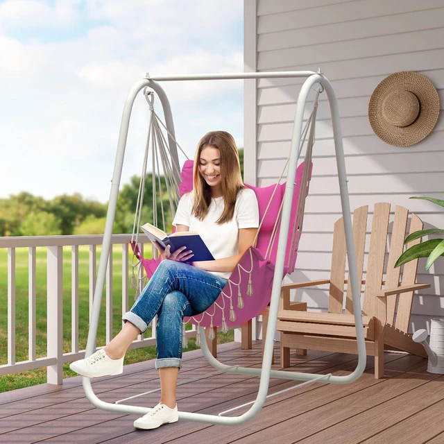 Alt view image 6 of 7 - Heavy Duty Hammock Chair with A-Frame Stand, Rustproof Powder Coated Swing Stand with Square Support Base, Ergonomic Hanging Chair with Pillow and Side Pocket for Indoor Outdoor Patio Yard Porch, Pink