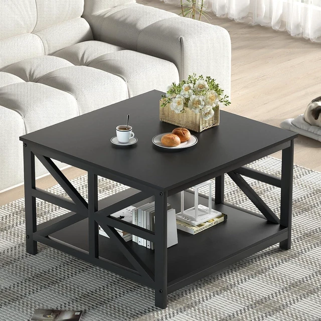 Main image of 27.55 Inch 2-Tier Square Coffee Table, Seamless One-Piece Scratch Resistant Tabletop, Industrial X Metal Frame Multipurpose Accent Table for Living Room Small Apartment Indoor Decor, Black