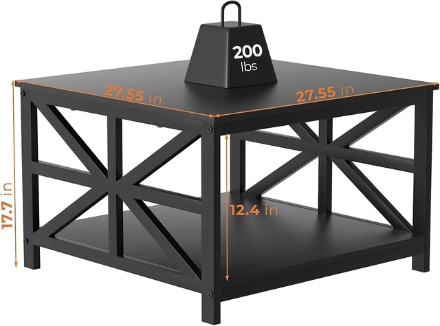 Alt view image 2 of 7 - 27.55 Inch 2-Tier Square Coffee Table, Seamless One-Piece Scratch Resistant Tabletop, Industrial X Metal Frame Multipurpose Accent Table for Living Room Small Apartment Indoor Decor, Black