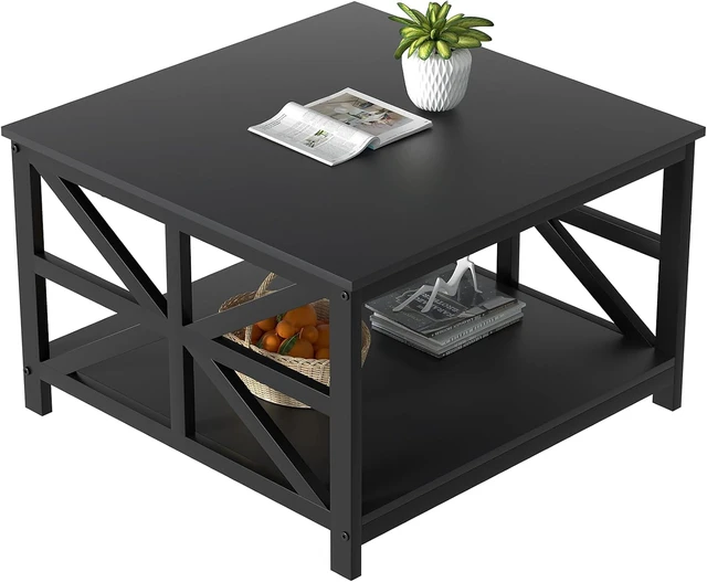 Alt view image 3 of 7 - 27.55 Inch 2-Tier Square Coffee Table, Seamless One-Piece Scratch Resistant Tabletop, Industrial X Metal Frame Multipurpose Accent Table for Living Room Small Apartment Indoor Decor, Black