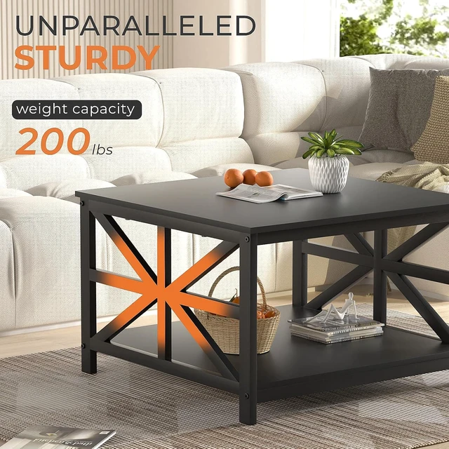 Alt view image 4 of 7 - 27.55 Inch 2-Tier Square Coffee Table, Seamless One-Piece Scratch Resistant Tabletop, Industrial X Metal Frame Multipurpose Accent Table for Living Room Small Apartment Indoor Decor, Black