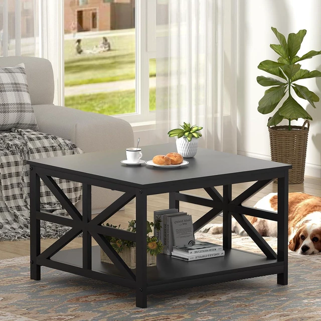 Alt view image 5 of 7 - 27.55 Inch 2-Tier Square Coffee Table, Seamless One-Piece Scratch Resistant Tabletop, Industrial X Metal Frame Multipurpose Accent Table for Living Room Small Apartment Indoor Decor, Black