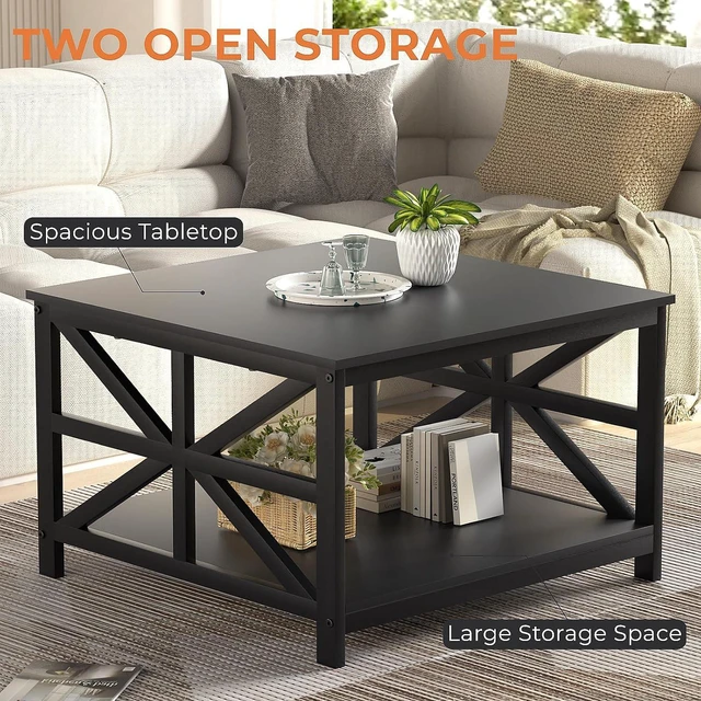 Alt view image 6 of 7 - 27.55 Inch 2-Tier Square Coffee Table, Seamless One-Piece Scratch Resistant Tabletop, Industrial X Metal Frame Multipurpose Accent Table for Living Room Small Apartment Indoor Decor, Black