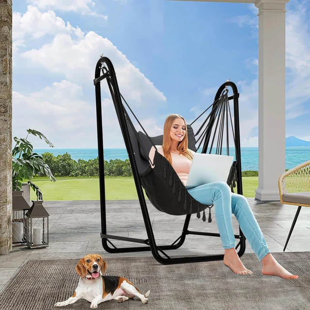Alt view image 2 of 6 - U-Shaped Hammock Chair with Rust Resistant Stand, Stable Bottom Bracket Swing Chair with Natural Cotton Hanging Chair and Side Pocket, 350 lbs Weight Capacity for Indoor Outdoor Relaxation, Gray