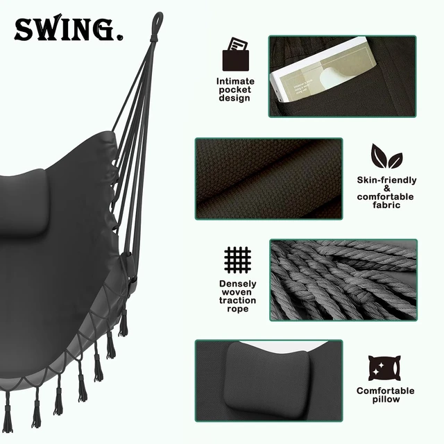 Alt view image 3 of 6 - U-Shaped Hammock Chair with Rust Resistant Stand, Stable Bottom Bracket Swing Chair with Natural Cotton Hanging Chair and Side Pocket, 350 lbs Weight Capacity for Indoor Outdoor Relaxation, Gray