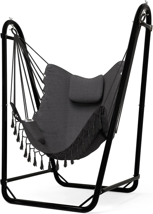 Main image of U-Shaped Hammock Chair with Rust Resistant Stand, Stable Bottom Bracket Swing Chair with Natural Cotton Hanging Chair and Side Pocket, 350 lbs Weight Capacity for Indoor Outdoor Relaxation, Gray