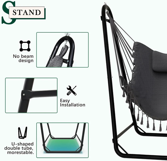Alt view image 4 of 6 - U-Shaped Hammock Chair with Rust Resistant Stand, Stable Bottom Bracket Swing Chair with Natural Cotton Hanging Chair and Side Pocket, 350 lbs Weight Capacity for Indoor Outdoor Relaxation, Gray