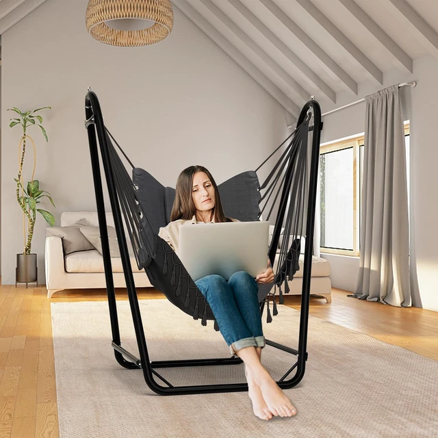 Alt view image 5 of 6 - U-Shaped Hammock Chair with Rust Resistant Stand, Stable Bottom Bracket Swing Chair with Natural Cotton Hanging Chair and Side Pocket, 350 lbs Weight Capacity for Indoor Outdoor Relaxation, Gray