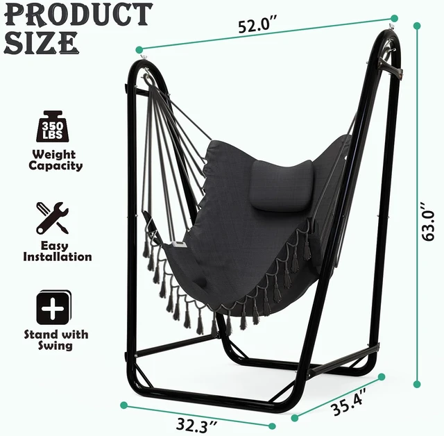 Alt view image 6 of 6 - U-Shaped Hammock Chair with Rust Resistant Stand, Stable Bottom Bracket Swing Chair with Natural Cotton Hanging Chair and Side Pocket, 350 lbs Weight Capacity for Indoor Outdoor Relaxation, Gray