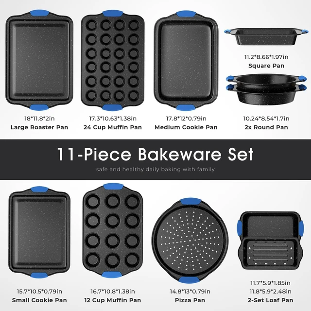 Alt view image 2 of 6 - 11-Piece Stackable Nonstick Baking Pan Set, Oven Safe Bakeware with Cool Touch Handles, Multi-Size Cookie Sheet Cake Muffin Pizza Loaf Pan Assortment, Black and Blue