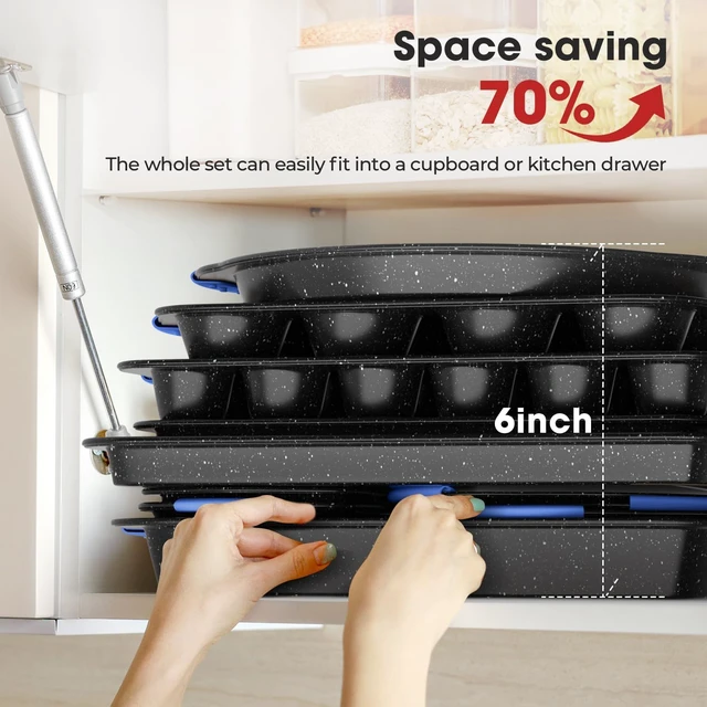 Alt view image 4 of 6 - 11-Piece Stackable Nonstick Baking Pan Set, Oven Safe Bakeware with Cool Touch Handles, Multi-Size Cookie Sheet Cake Muffin Pizza Loaf Pan Assortment, Black and Blue