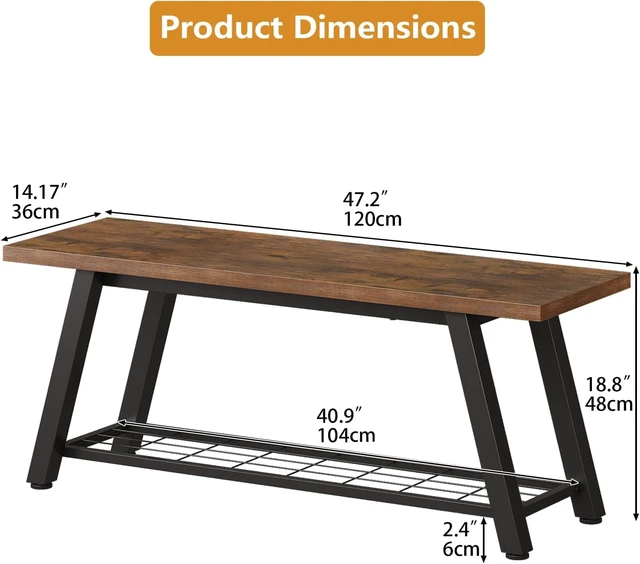 Alt view image 2 of 7 - Industrial Rustic Storage Bench, Wooden and Powder-Coated Metal Shoe Bench with Mesh Shelf and Tall Compartment, Multipurpose Entryway Bench Seat for Hallway Bedroom Living Room, Retro Brown
