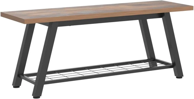 Alt view image 5 of 7 - Industrial Rustic Storage Bench, Wooden and Powder-Coated Metal Shoe Bench with Mesh Shelf and Tall Compartment, Multipurpose Entryway Bench Seat for Hallway Bedroom Living Room, Retro Brown