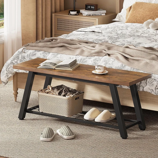 Alt view image 6 of 7 - Industrial Rustic Storage Bench, Wooden and Powder-Coated Metal Shoe Bench with Mesh Shelf and Tall Compartment, Multipurpose Entryway Bench Seat for Hallway Bedroom Living Room, Retro Brown