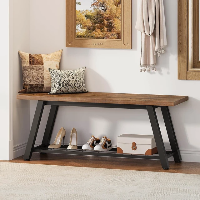 Alt view image 7 of 7 - Industrial Rustic Storage Bench, Wooden and Powder-Coated Metal Shoe Bench with Mesh Shelf and Tall Compartment, Multipurpose Entryway Bench Seat for Hallway Bedroom Living Room, Retro Brown
