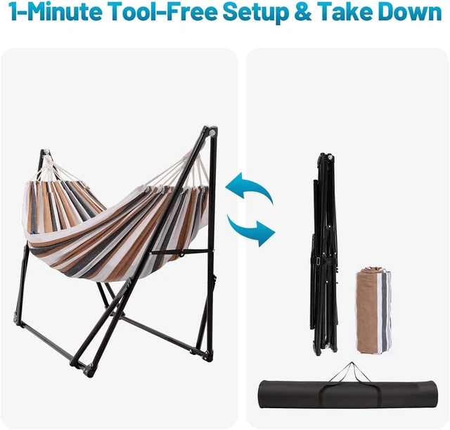 Alt view image 2 of 6 - Portable Adjustable Hammock with Stand, Tool-Free 1 Minute Setup, Heavy-Duty Steel Frame, 450 lbs Capacity, Freestanding Hammock with Carry Bag for Indoor Outdoor Patio Yard Camping