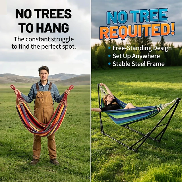 Alt view image 3 of 6 - Portable Adjustable Hammock with Stand, Tool-Free 1 Minute Setup, Heavy-Duty Steel Frame, 450 lbs Capacity, Freestanding Hammock with Carry Bag for Indoor Outdoor Patio Yard Camping