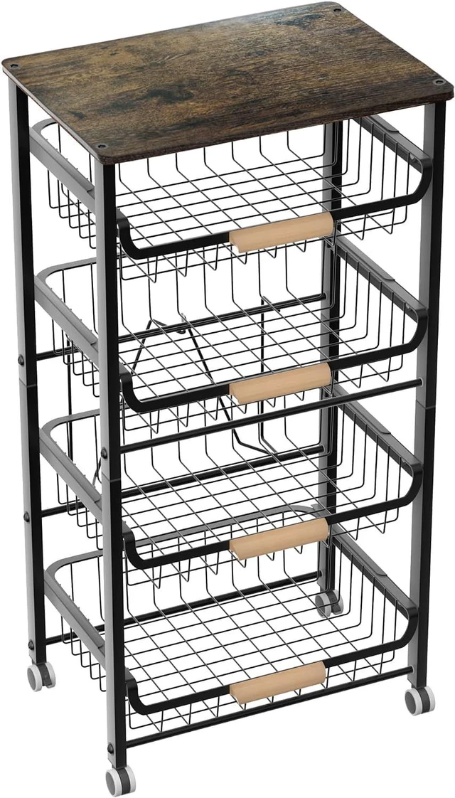 Main image of 5Tier Kitchen Storage Cart, Stackable PullOut Hollow Metal Fruit Basket Organizer with Wooden Desktop, Wheeled Mobile Spice Food Sorting Rack, Black