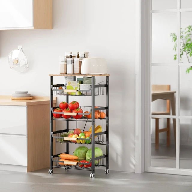 Alt view image 2 of 6 - 5Tier Kitchen Storage Cart, Stackable PullOut Hollow Metal Fruit Basket Organizer with Wooden Desktop, Wheeled Mobile Spice Food Sorting Rack, Black