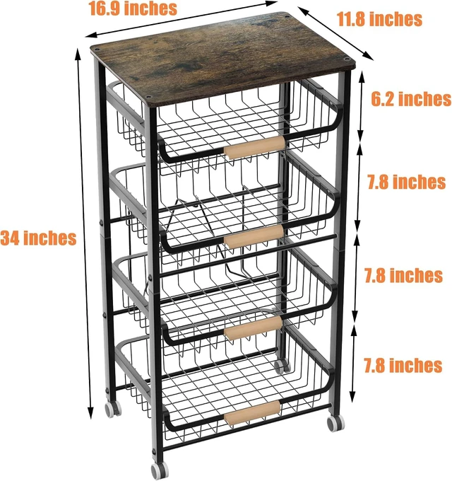 Alt view image 3 of 6 - 5Tier Kitchen Storage Cart, Stackable PullOut Hollow Metal Fruit Basket Organizer with Wooden Desktop, Wheeled Mobile Spice Food Sorting Rack, Black