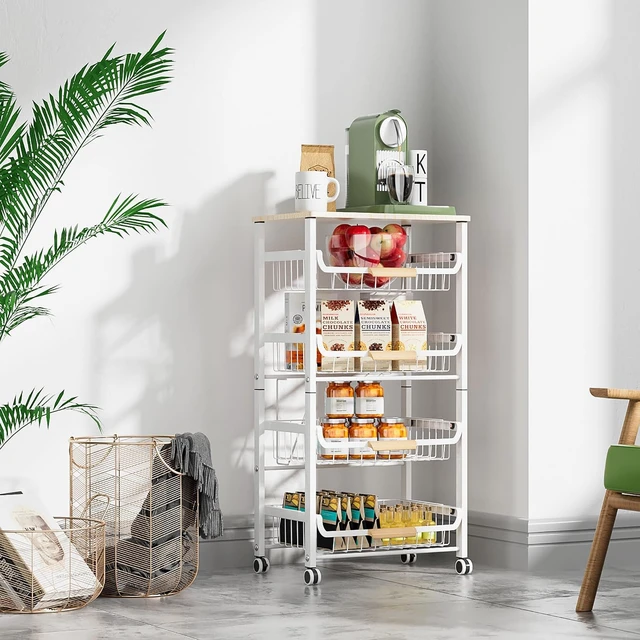 Alt view image 5 of 6 - 5Tier Kitchen Storage Cart, Stackable PullOut Hollow Metal Fruit Basket Organizer with Wooden Desktop, Wheeled Mobile Spice Food Sorting Rack, Black