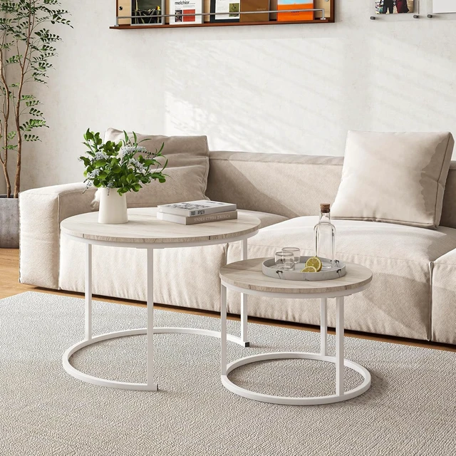 Alt view image 3 of 5 - Set of 2 Round Nesting Coffee Tables, Stackable Side Tables with Wood Tabletop, Sturdy Steel Legs for Small Space Home Living Room Office, Oak and White Finish, Large Size