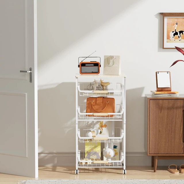 Alt view image 6 of 6 - 5Tier Kitchen Storage Cart, Stackable PullOut Hollow Metal Fruit Basket Organizer with Wooden Desktop, Wheeled Mobile Spice Food Sorting Rack, Black