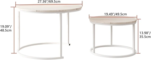 Alt view image 2 of 5 - Set of 2 Round Nesting Coffee Tables, Stackable Side Tables with Wood Tabletop, Sturdy Steel Legs for Small Space Home Living Room Office, Oak and White Finish, Large Size