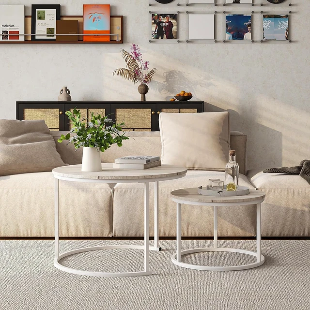 Alt view image 5 of 5 - Set of 2 Round Nesting Coffee Tables, Stackable Side Tables with Wood Tabletop, Sturdy Steel Legs for Small Space Home Living Room Office, Oak and White Finish, Large Size