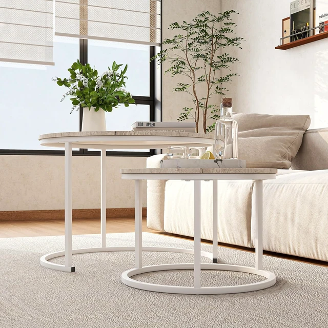 Alt view image 4 of 5 - Set of 2 Round Nesting Coffee Tables, Stackable Side Tables with Wood Tabletop, Sturdy Steel Legs for Small Space Home Living Room Office, Oak and White Finish, Large Size