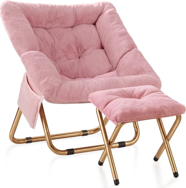 Main image of Foldable Saucer Lounge Chair, Soft Faux Fur Reading Chair for Bedroom Living Room, Oversized Comfort Seat for Adults Teens, Pink XLarge Size
