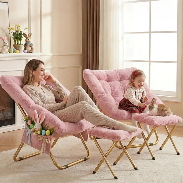Alt view image 2 of 6 - Foldable Saucer Lounge Chair, Soft Faux Fur Reading Chair for Bedroom Living Room, Oversized Comfort Seat for Adults Teens, Pink XLarge Size