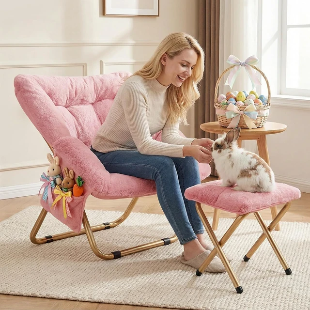 Alt view image 5 of 6 - Foldable Saucer Lounge Chair, Soft Faux Fur Reading Chair for Bedroom Living Room, Oversized Comfort Seat for Adults Teens, Pink XLarge Size