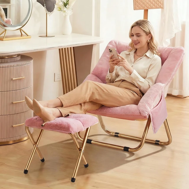 Alt view image 6 of 6 - Foldable Saucer Lounge Chair, Soft Faux Fur Reading Chair for Bedroom Living Room, Oversized Comfort Seat for Adults Teens, Pink XLarge Size