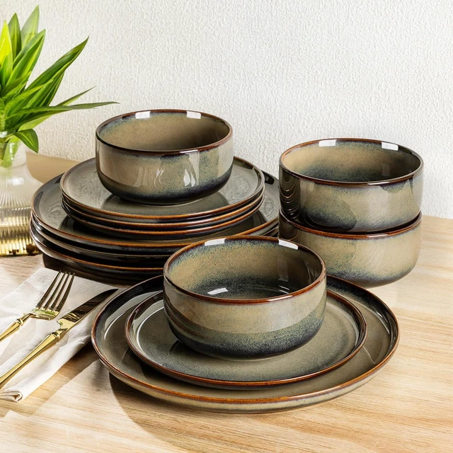 Main image of 12Piece Ceramic Dinnerware Set for 4, Handmade Reactive Glaze Plates and Bowls, Mocha Brown, Scratch Resistant, Microwave Oven Dishwasher Safe Tableware
