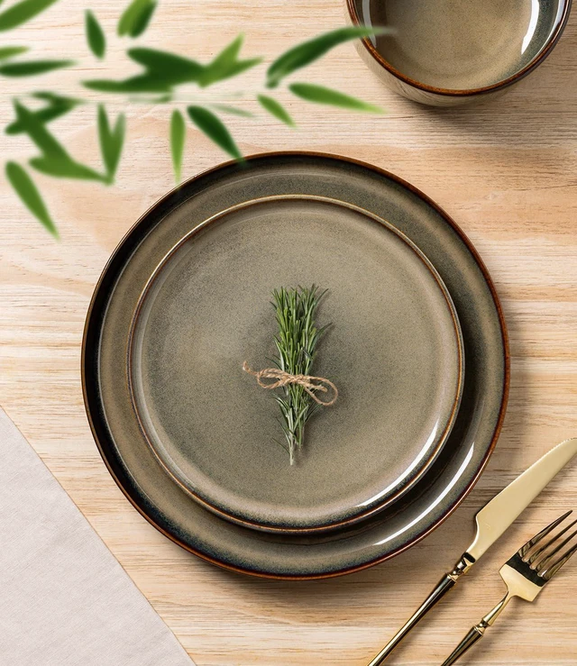 Alt view image 3 of 7 - 12Piece Ceramic Dinnerware Set for 4, Handmade Reactive Glaze Plates and Bowls, Mocha Brown, Scratch Resistant, Microwave Oven Dishwasher Safe Tableware