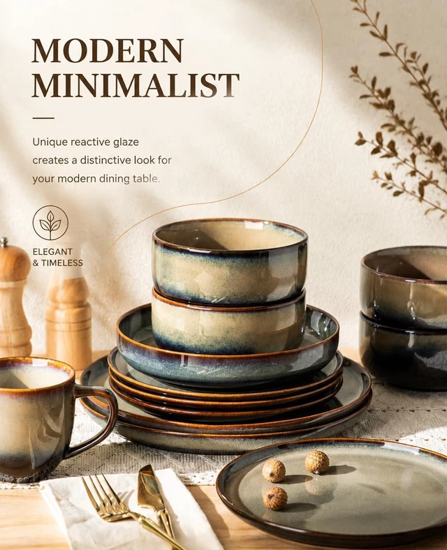 Alt view image 7 of 7 - 12Piece Ceramic Dinnerware Set for 4, Handmade Reactive Glaze Plates and Bowls, Mocha Brown, Scratch Resistant, Microwave Oven Dishwasher Safe Tableware