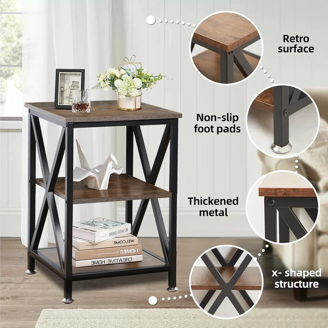 Alt view image 4 of 7 - Set of 2 Square Rustic Brown End Tables, Wood and Metal Side Tables with Storage Shelf, XShaped Steel Frame Farmhouse Nightstand for Living Room, 16" D x 16" W x 24" H