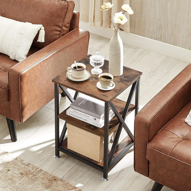 Alt view image 7 of 7 - Set of 2 Square Rustic Brown End Tables, Wood and Metal Side Tables with Storage Shelf, XShaped Steel Frame Farmhouse Nightstand for Living Room, 16" D x 16" W x 24" H