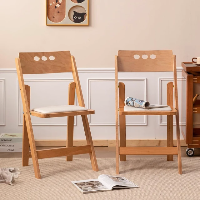 Alt view image 3 of 7 - Set of 2 Natural Wooden Folding Chairs, Round Hole Backrest Folding Chairs with Soft Linen Cushion, No Assembly Required, Portable Comfortable Seating for Home Wedding Banquet Indoor Use