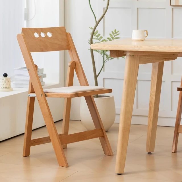 Alt view image 5 of 7 - Set of 2 Natural Wooden Folding Chairs, Round Hole Backrest Folding Chairs with Soft Linen Cushion, No Assembly Required, Portable Comfortable Seating for Home Wedding Banquet Indoor Use