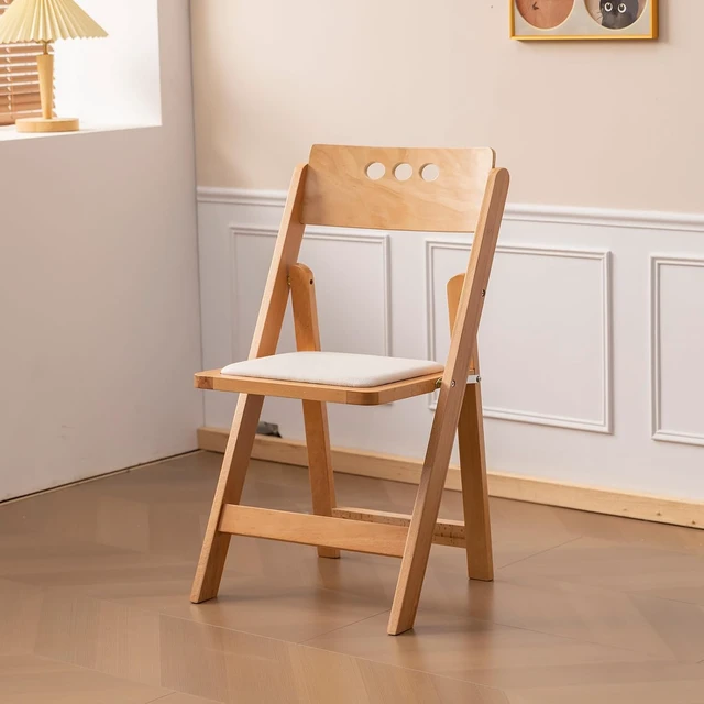 Alt view image 6 of 7 - Set of 2 Natural Wooden Folding Chairs, Round Hole Backrest Folding Chairs with Soft Linen Cushion, No Assembly Required, Portable Comfortable Seating for Home Wedding Banquet Indoor Use