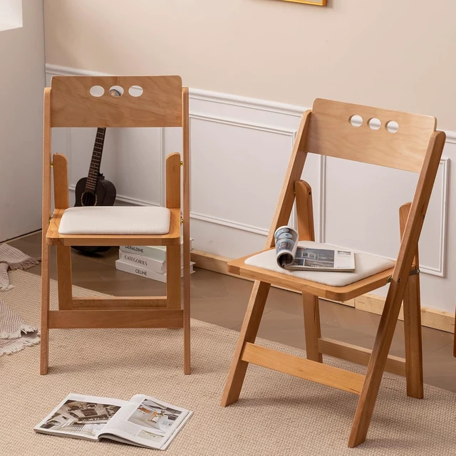 Alt view image 4 of 7 - Set of 2 Natural Wooden Folding Chairs, Round Hole Backrest Folding Chairs with Soft Linen Cushion, No Assembly Required, Portable Comfortable Seating for Home Wedding Banquet Indoor Use