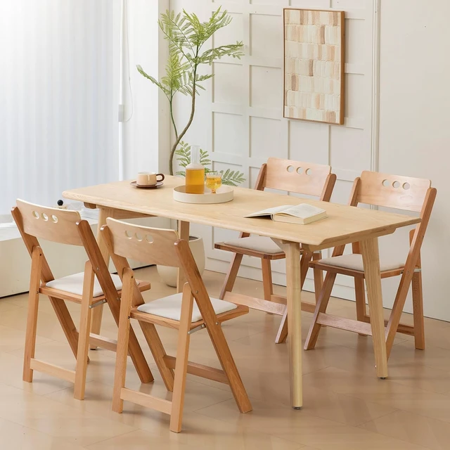 Alt view image 7 of 7 - Set of 2 Natural Wooden Folding Chairs, Round Hole Backrest Folding Chairs with Soft Linen Cushion, No Assembly Required, Portable Comfortable Seating for Home Wedding Banquet Indoor Use