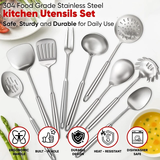 Alt view image 4 of 7 - 9-Piece 304 Stainless Steel Kitchen Utensils Set, Food Grade Rust Resistant Cooking Tools, Seamless Integrated Design with Ergonomic Handle, Dishwasher Safe Metal Kitchen Accessories for Daily Cooking