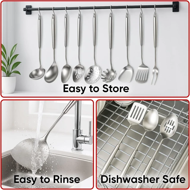 Alt view image 6 of 7 - 9-Piece 304 Stainless Steel Kitchen Utensils Set, Food Grade Rust Resistant Cooking Tools, Seamless Integrated Design with Ergonomic Handle, Dishwasher Safe Metal Kitchen Accessories for Daily Cooking