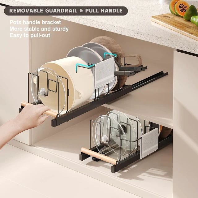 Alt view image 3 of 7 - 2 Pack Pull Out Pots and Pans Organizer Under Cabinet, 22" Deep Expandable Pot Lid Organizer and Storage with 10 Adjustable Dividers Adhesive Pot and Pan Holder Rack with Handle Bracket(Black)