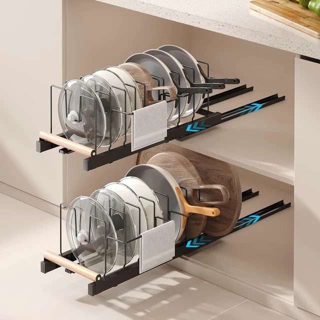 Main image of 2 Pack Pull Out Pots and Pans Organizer Under Cabinet, 22" Deep Expandable Pot Lid Organizer and Storage with 10 Adjustable Dividers Adhesive Pot and Pan Holder Rack with Handle Bracket(Black)